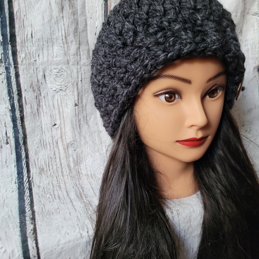 Women's Crochet Gray Wool winter hat - Picture 4 of 14